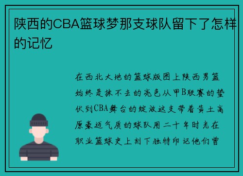 陕西的CBA篮球梦那支球队留下了怎样的记忆